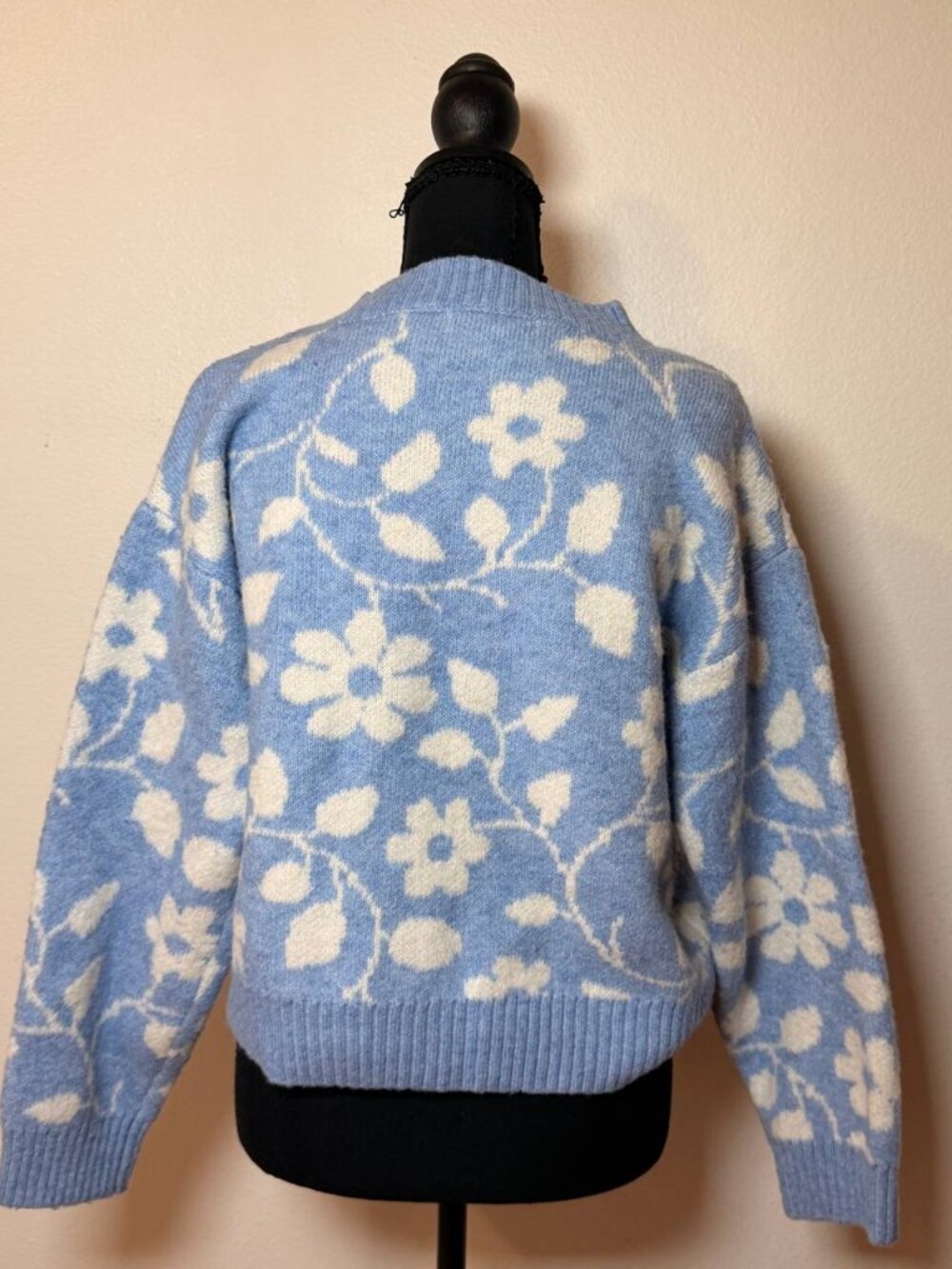 Francesca's Blue Floral Mock Neck Sweater Cottagecore Style Cozy Knit M - Picture 4 of 6